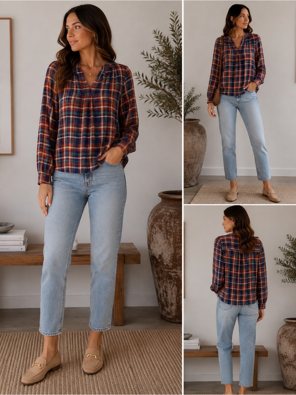 Maeve Anthropologie Plaid V Neck Blouse Long Sleeve Fall Top
